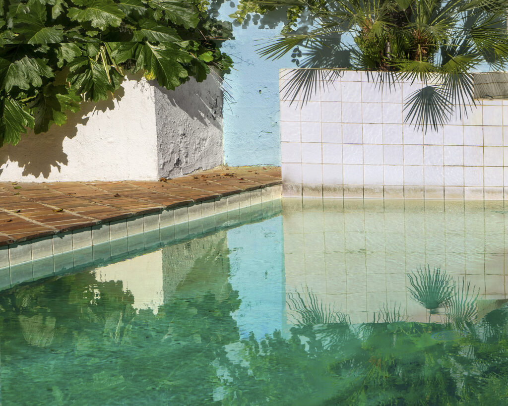 swimming pool with turquoise water, red and white tiles and green plants